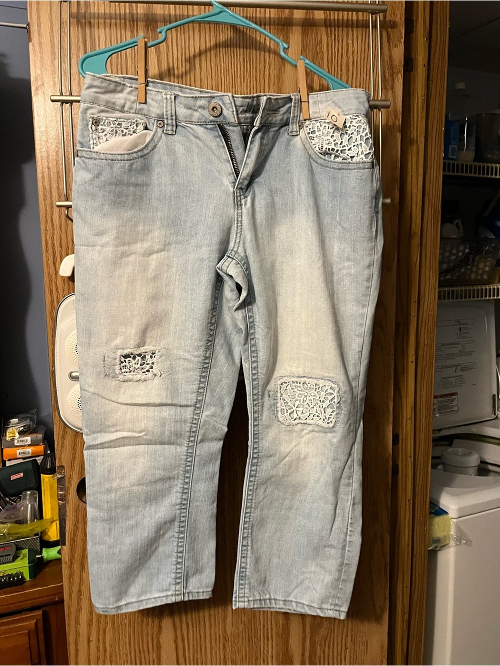 Women's Light Blue Denim Capris with Lace Patch Details